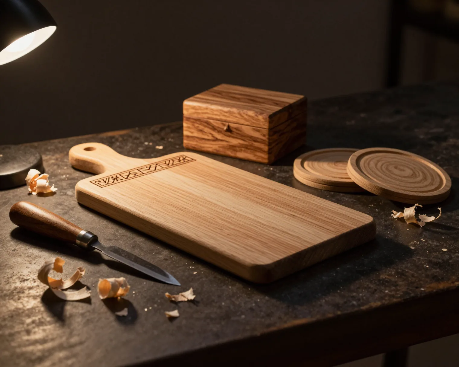 Доска для сыра из ясеня с выжженным узором, шкатулка из ореха и дубовые подставки среди стружки