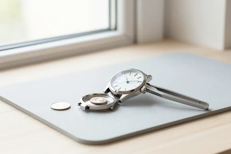 Кварцевые часы со снятой задней крышкой, рядом батарейка и съёмник крышек